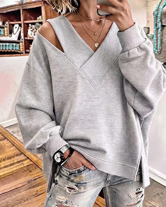 Sweatshirt V-Hals Fri Skulder Asymmetrisk Slids