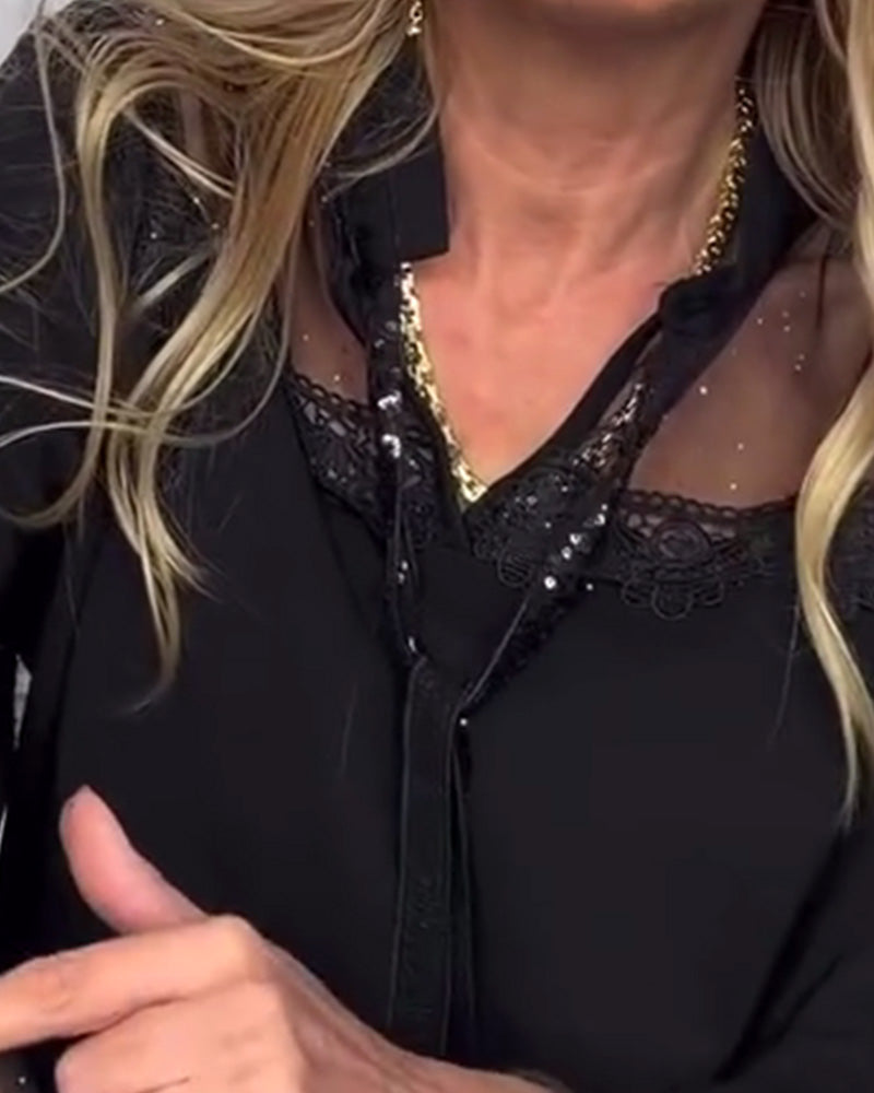 Bluse Ensfarvet Patchwork Langærmet