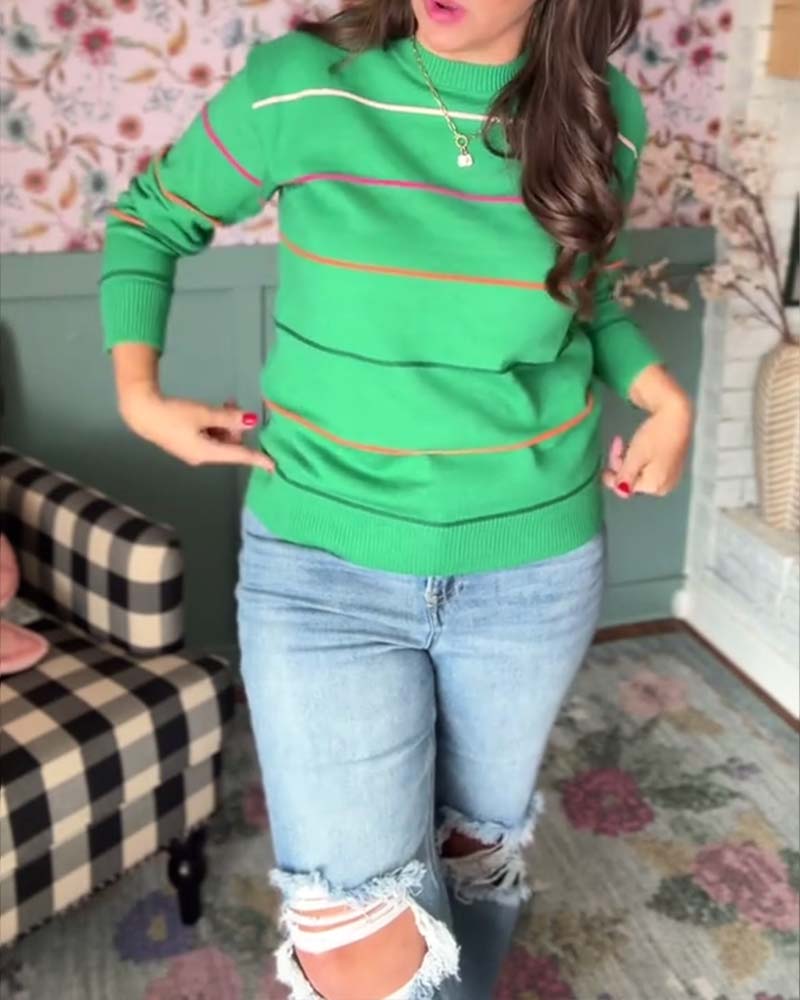 Pullover med rund hals og striber, afslappet