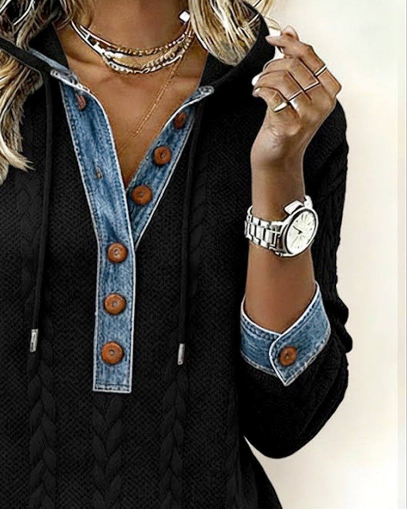 Farveblokeret Langærmet Hættetrøje Med Knapper