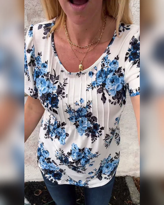 T-Shirt Med Rund Hals Blomsterprint Plisseret