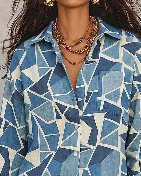 Bluse Geometrisk Tryk Krave Lang Ærme