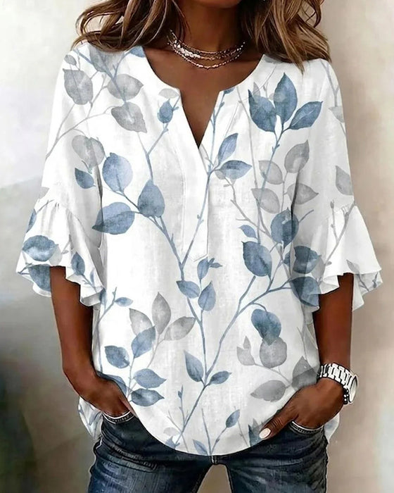 Bluse Flutter Flare Ærme Blad Tryk
