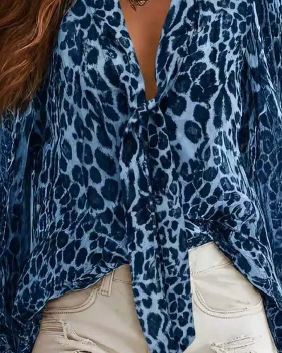 Skjorte V‑hals Leopardmønster Gennemsigtig Langærmet