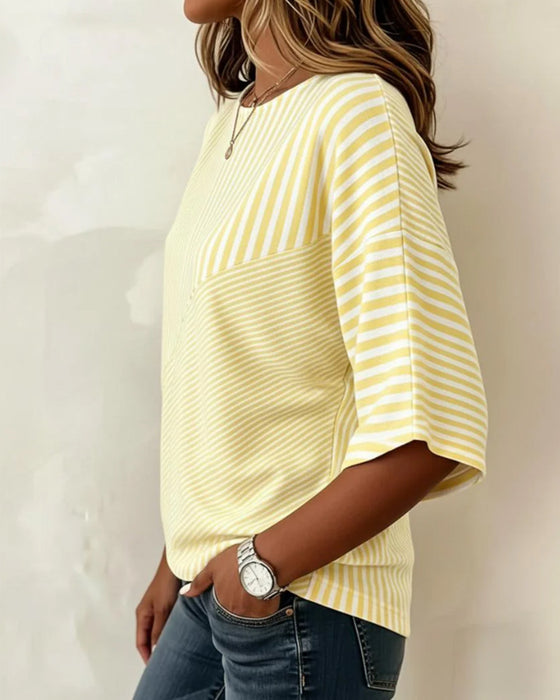 T-Shirt Stribet Rund Hals Farveblok