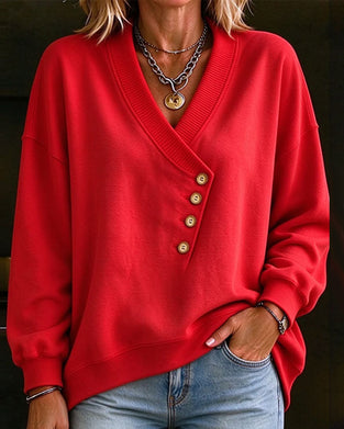 Sweatshirt Diagonal Knap V-Hals Pullover