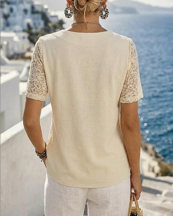 Bluse V-Hals Blonder Patchwork Ensfarvet