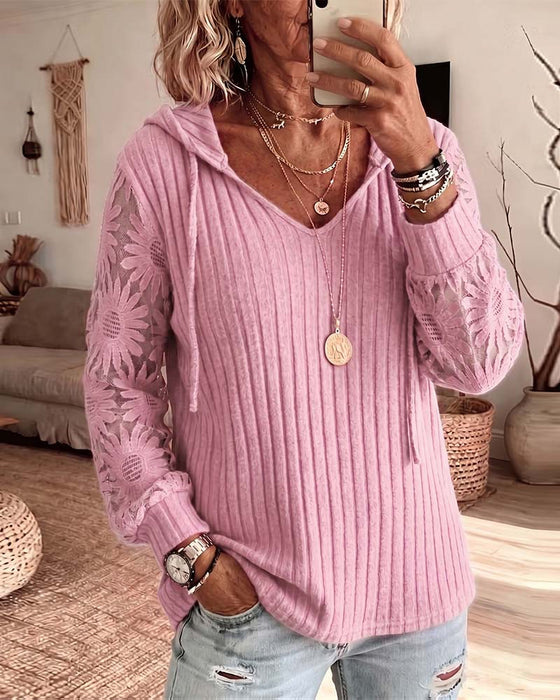 Bluse Hætte V-Hals Blonder Patchwork Ribbet