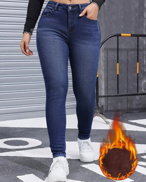 Jeans Dame Fleeceforet Ensfarvet Lomme