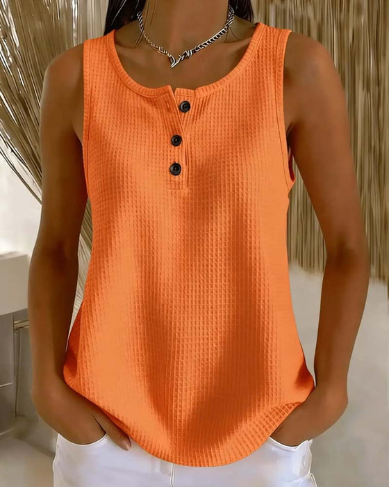 Tank Top Rundhalset Ærmeløs Vaffel Knap