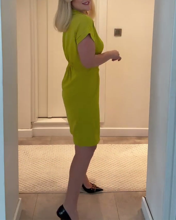 Kjole Lapel Ensfarvet Plisseret Talje