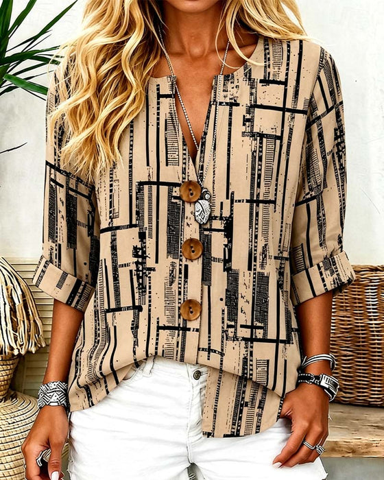 Bluse V-Hals Knappestrop Stribet