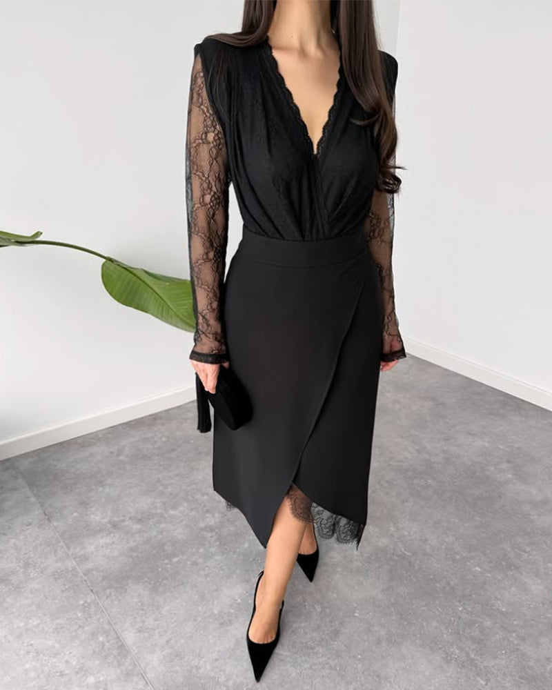 To-Delssæt Med V-Hals Spids Top, Asymmetrisk Midikjol Och Elegant Stil