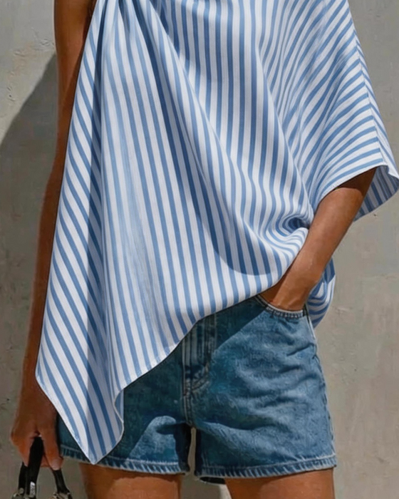 Bluse Stribet Løs Asymmetrisk Design