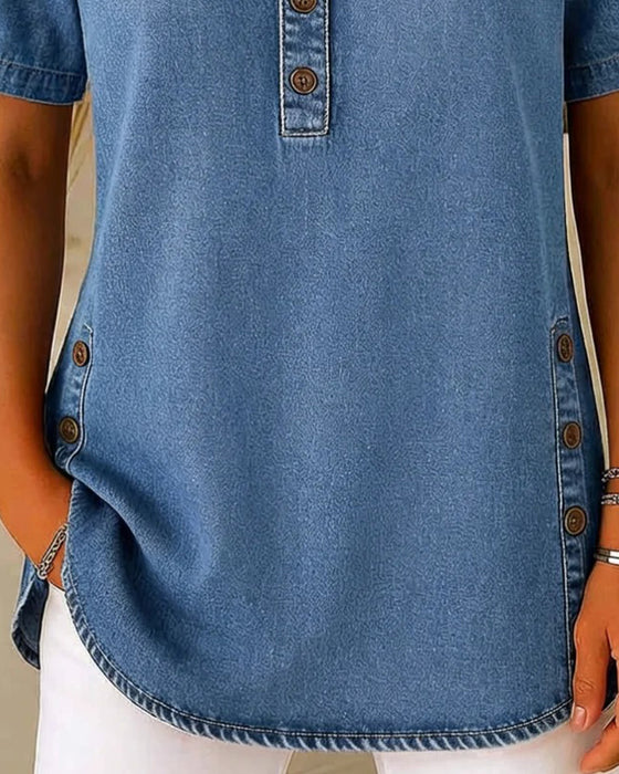 Top Knap-Foran Denim Kort Ærme