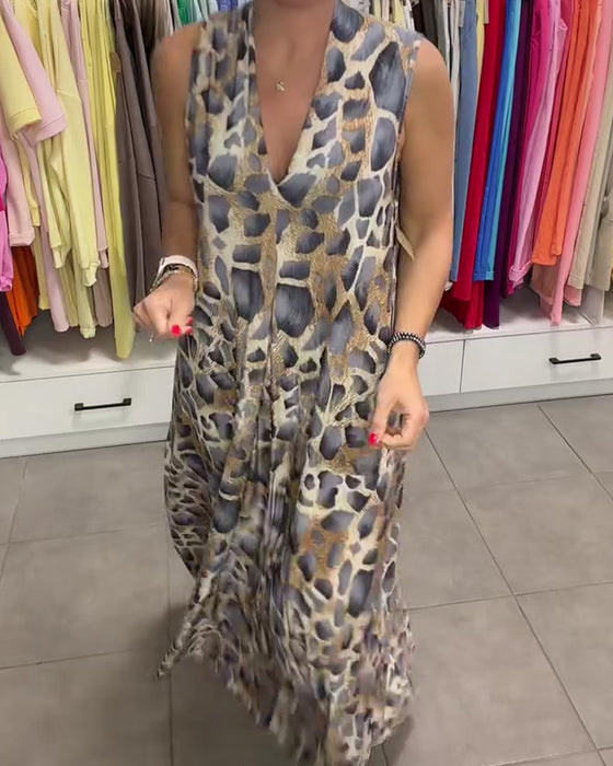 Kjole Leopard Ærmeløs V-Hals Udvidet Lang