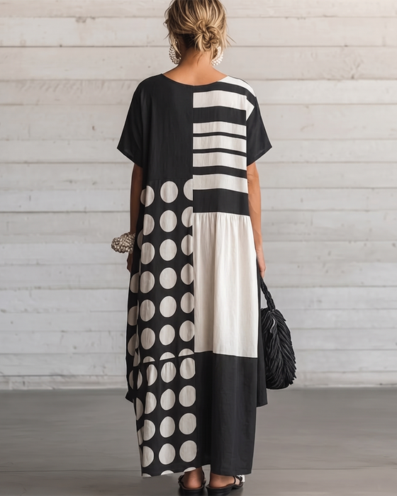 Kjole Rund Hals Kort Ærme Prikket Patchwork