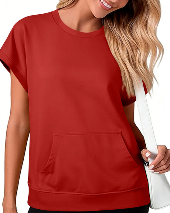 Bluse Forlomme Ensfarvet Rund Hals