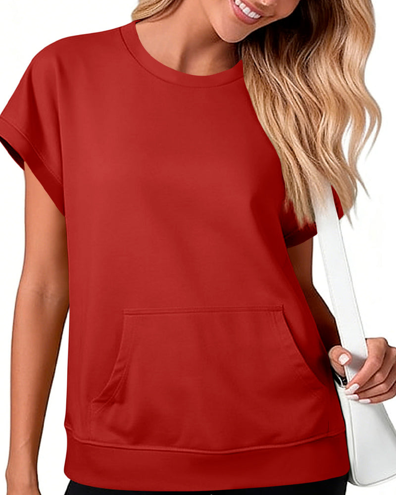 Bluse Forlomme Ensfarvet Rund Hals