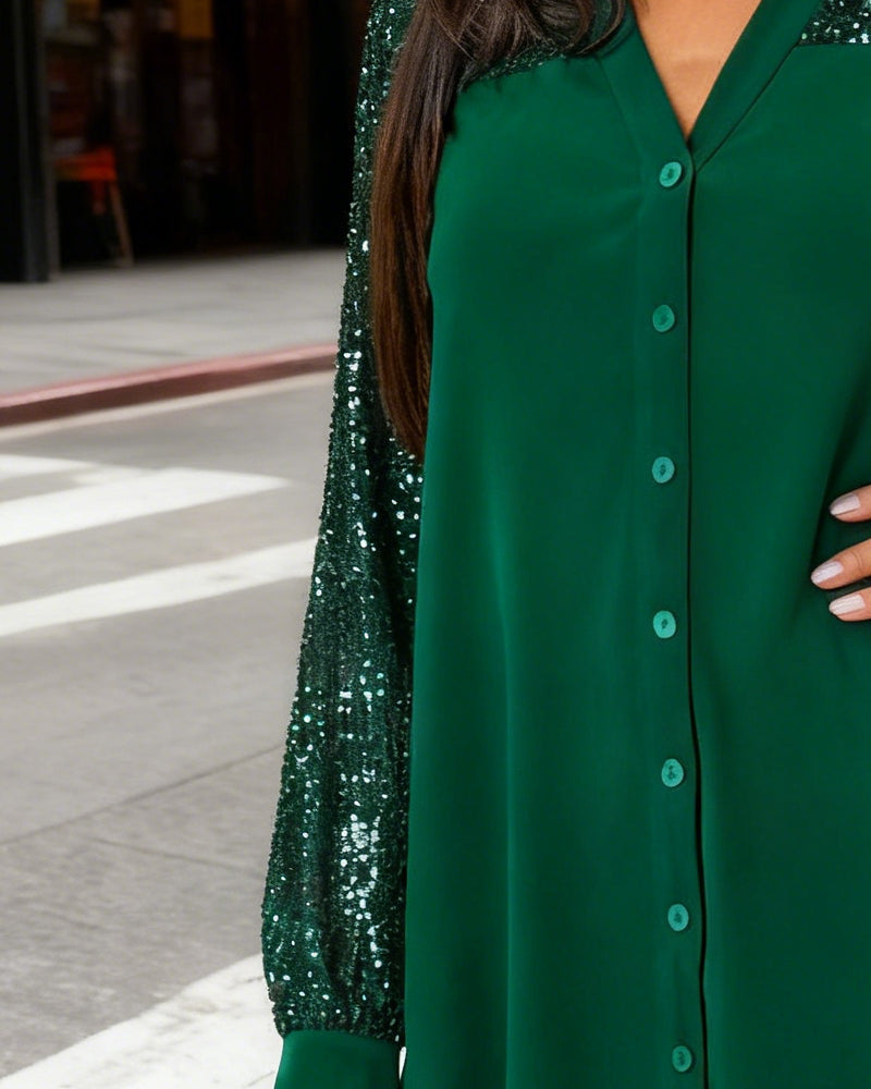 Skjorte Glitter Broderi V-hals Knap