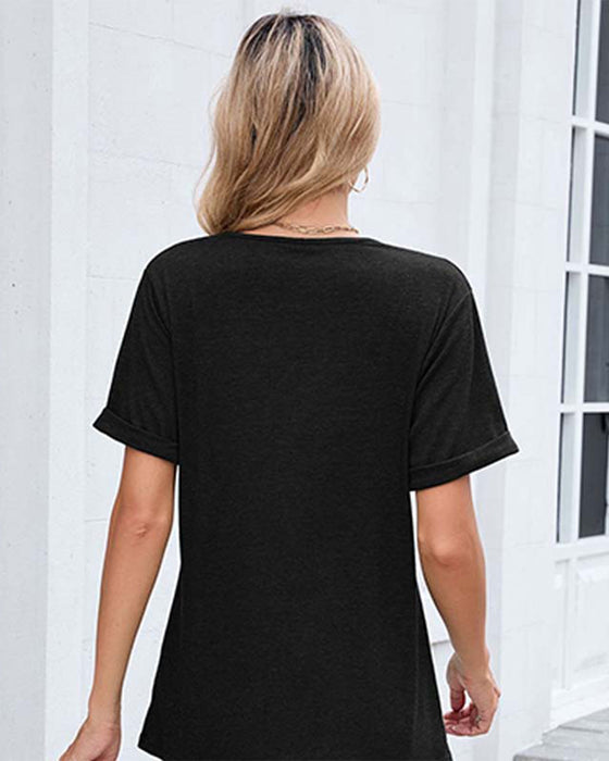 T-Shirt Ensfarvet V-Udskæring Afslappet Korte Ærmer