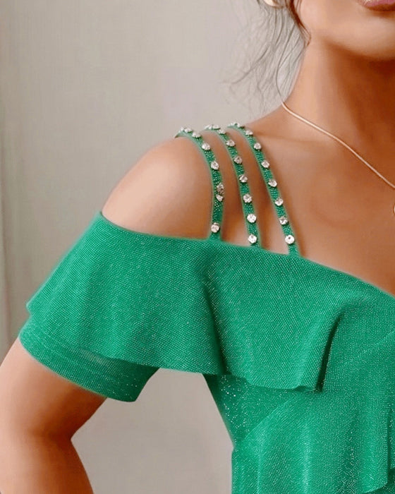 T-Shirt Diamantstropper Rynket Off-Shoulder V-Hals