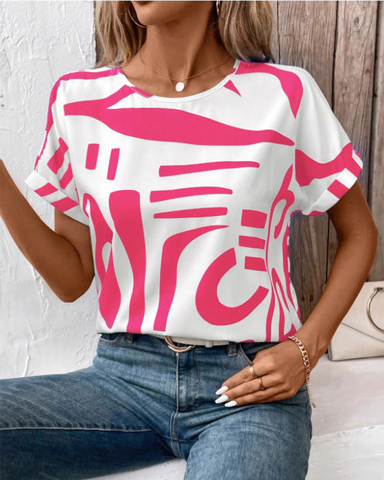 T-Shirt Rund Hals Kort Ærme Geometrisk Tryk