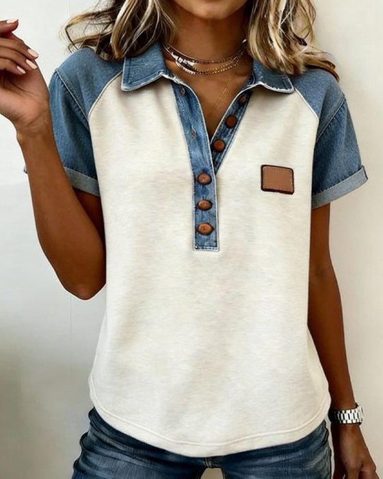 T-Shirt Denim Farve Blok Kort Ærme