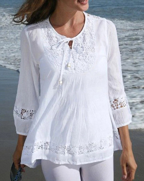 Bluse Rund Hals Bind Blonde Patchwork Solid