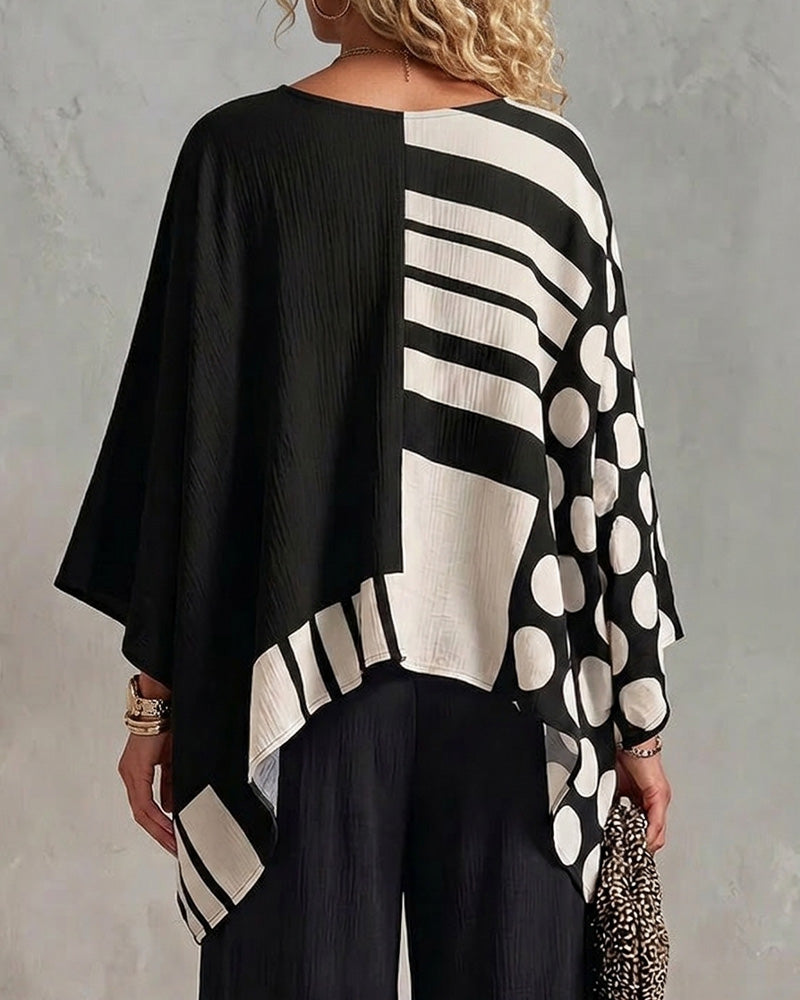Bluse Polka Dot Stribe Patchwork V Halsudskæring