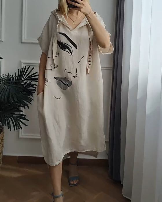 Kjole med Hætte Mønstret Løs Pasform