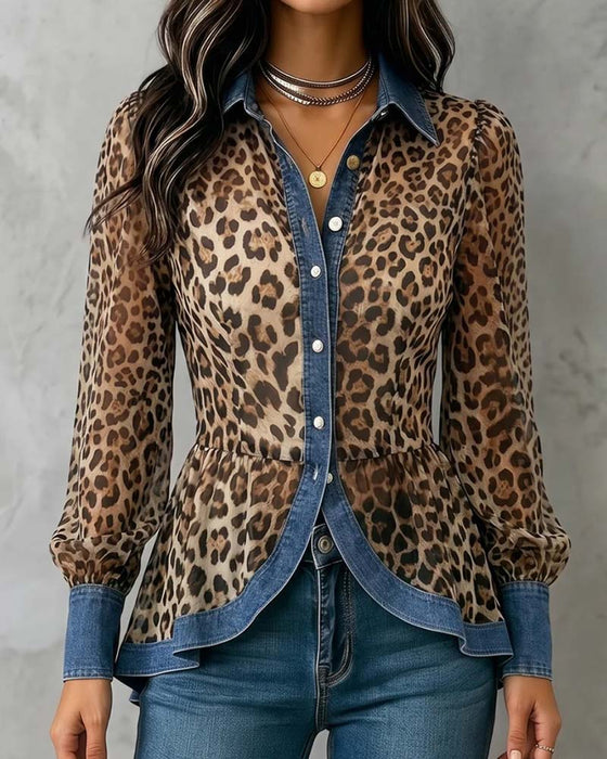 Bluse Denim Leopard Patchwork Taljeret