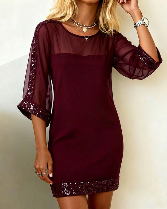Kjole Glitter Paneleret Mesh Rund Hals