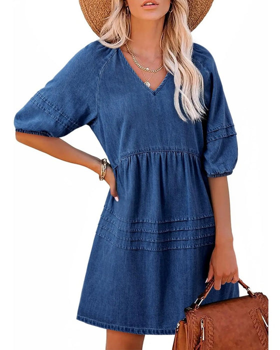 Kjoler Denim V-Hals Puff Ærme