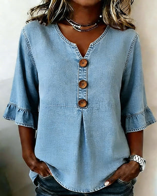Bluse V-Udskæring Udvidet Ærme Denim