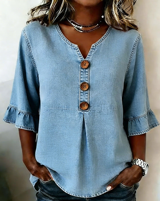 Bluse V-Udskæring Udvidet Ærme Denim