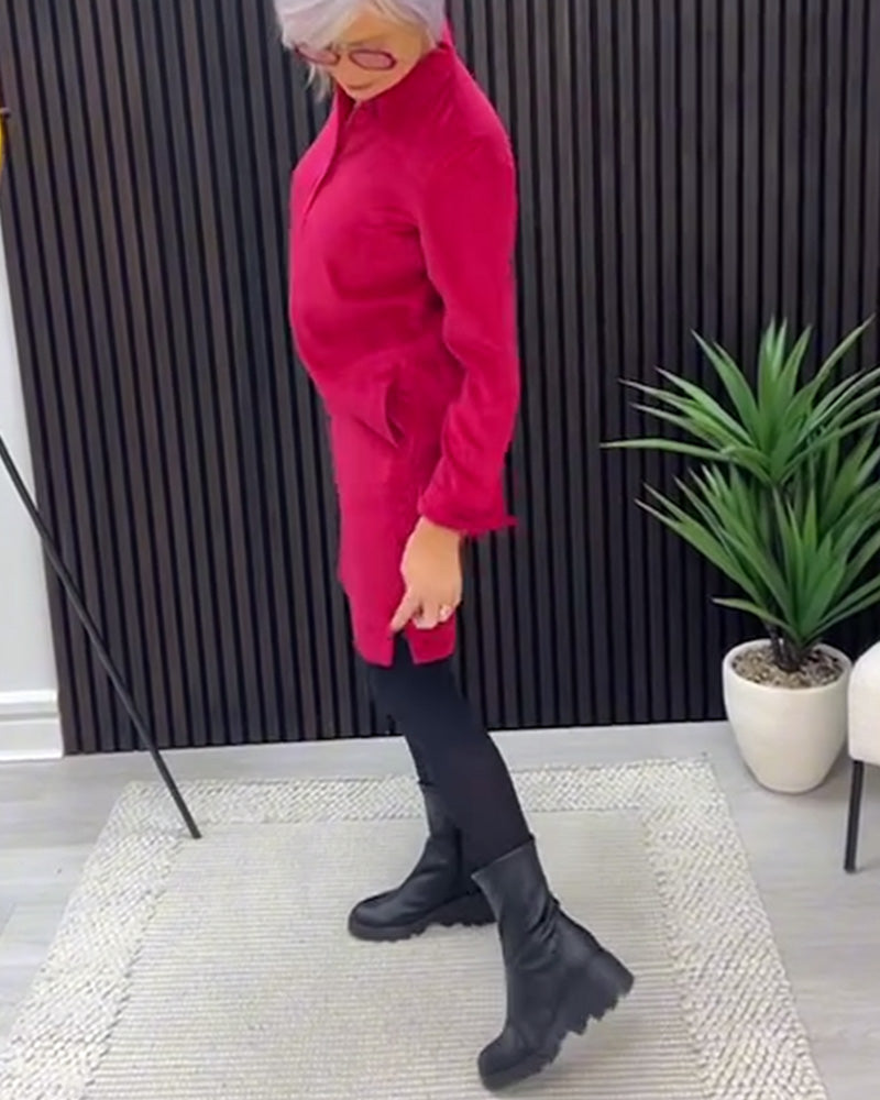 Ensfarvet Langærmet Kjole Med Krave