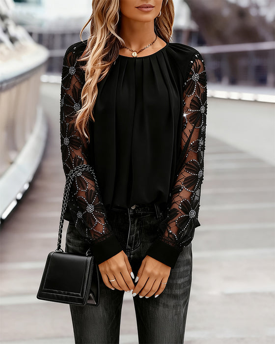 Top Fin Glitter Langærmede Plisseret Rund Hals