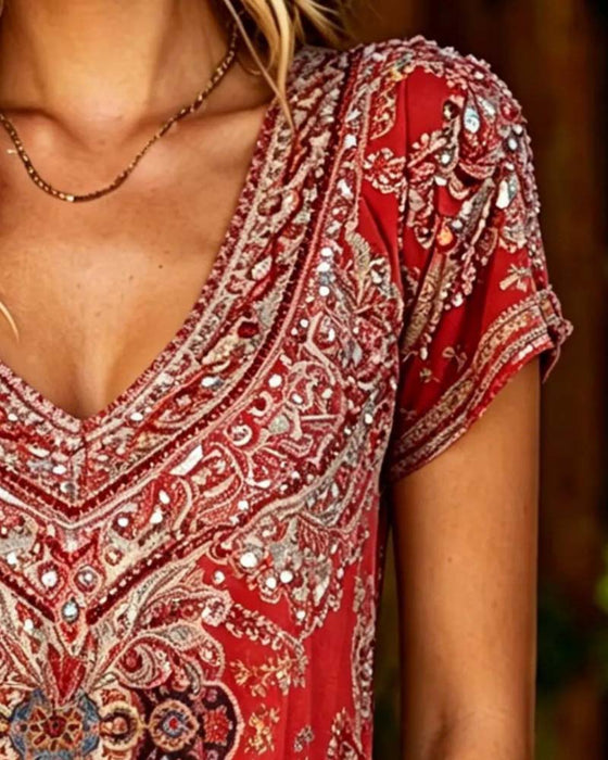 T-Shirt Boho V-Hals Trykt Kortærmet