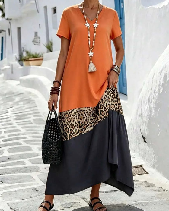 Maxi-Kjole V-Hals Farveblok Patchwork Leopard
