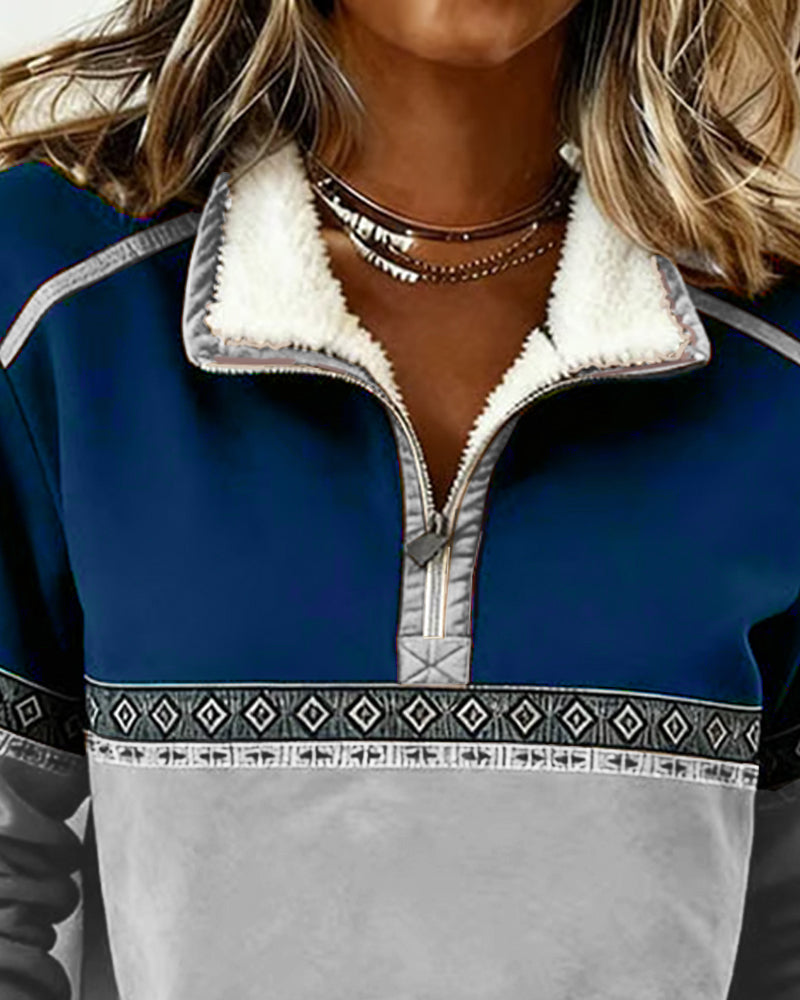 Retro Sweatshirt Med Farveblokning Og Pelskrave