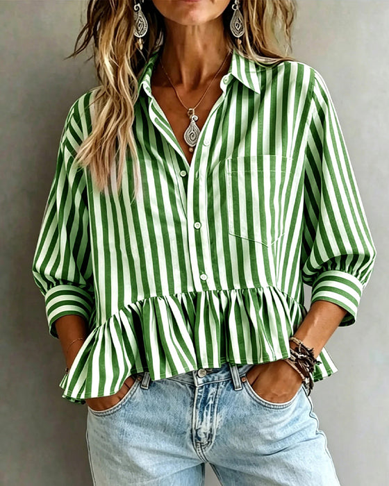 Afslappet Stribet Bluse Med Volanger