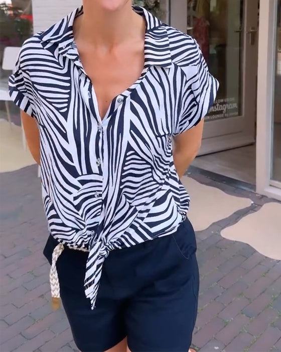Bluse Zebra Tryk Revers Kort Ærme