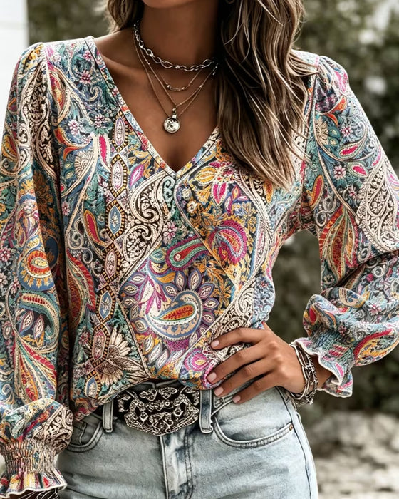 Bluse V-Hals Bohemian Bobble Ærme