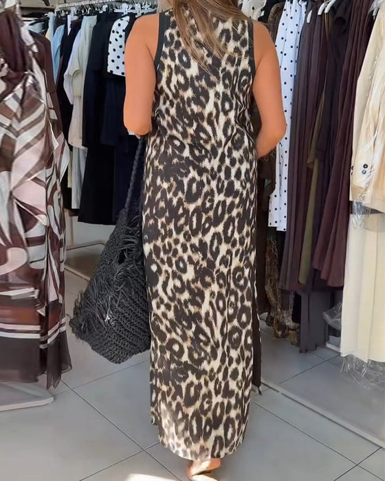 Kjole Rundhalset Leopardmønster Ærmeløs Maxi