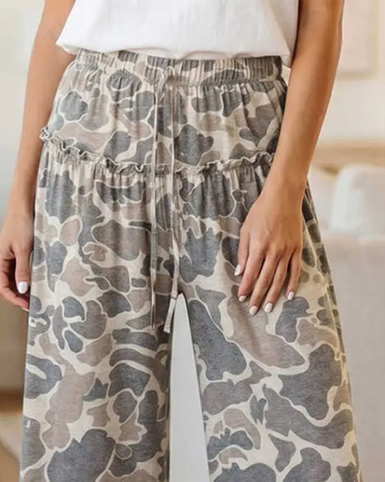 Bukser Elastisk Talje Camouflage Ruffle Capri