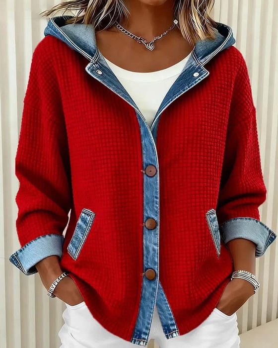 Frakke Hætte Knap Denim Patchwork