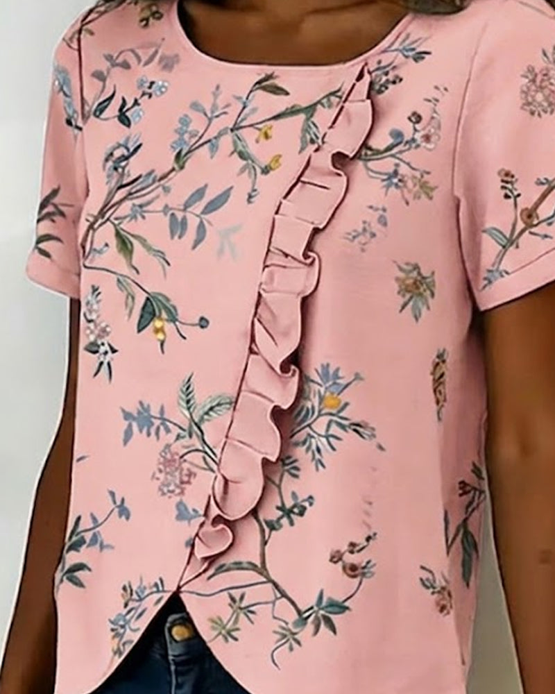 Bluse Rundhals Korte Ærmer Rynke Blomstret