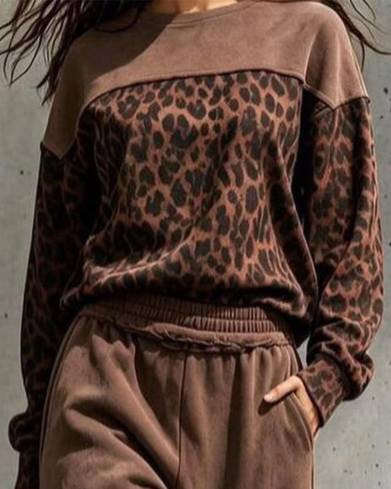 Sæt Leopardprint Patchwork Sweatshirt