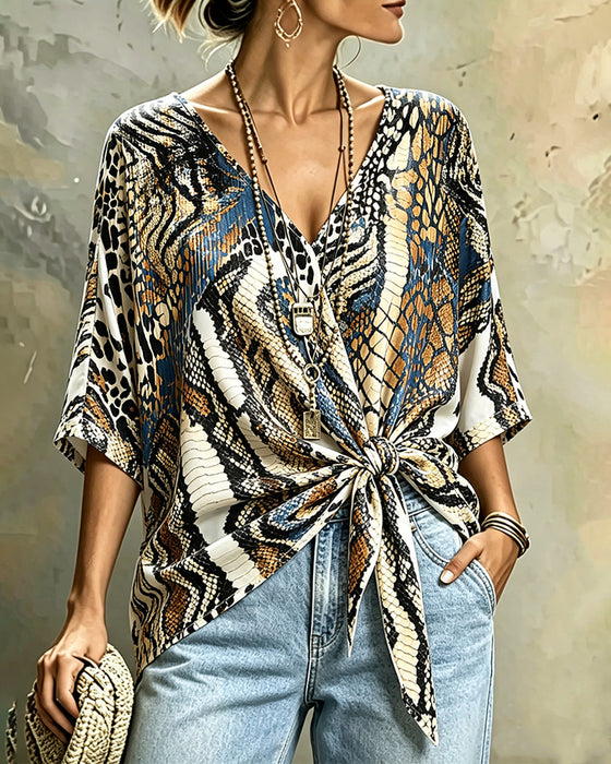 Top Dyremønster Patchwork V-Hals Bandage